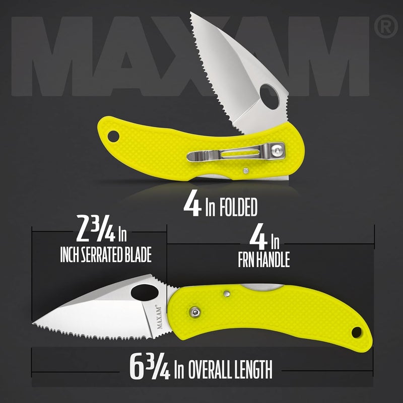 Maxam 3.3" Saltwater Knife - Rust-Proof German Stainless Steel Serrated Blade with Bright Yellow Handle, Reversible Pocket Clip, Lanyard Hole - Ideal for Salt & Fresh Water, Fishing Outdoor Use - Image 2